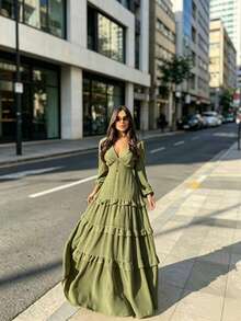 Women's Long Chiffon Dress With Long Sleeves, V-Neck, Ruffled Hem And Lining. - Verde Oliva - Ver 3