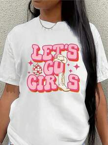 Lightweight And Durable Short-Sleeved T-Shirt With A Printed Design Featuring The Words "Let's Go". Suitable For Casual Activities Such As Meetings Or Dinners, Combining Comfort And Style With Pink Lettering And Cowboy Hat Illustrations. Women's Shirts - 白色 - 查看 7