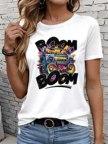 Camiseta de manga corta para mujer en blanco y negro, 220g, con diseño retro de boombox. Camiseta gráfica de música para mujer, estilo streetwear hip hop, top casual con diseño colorido de boombox. Ideal para ocio, actividades al aire libre, vacaciones, fiestas, regalo. - Blanco - Ver 1