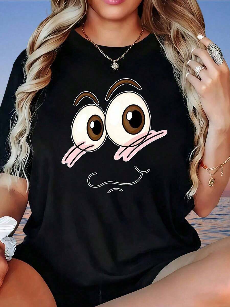 Women's Loose Fit White T-Shirt With Cartoon Face Print, Casual Summer Top, Fashion Graphic Tee, Women's T-Shirt - 黑色 - 查看 1