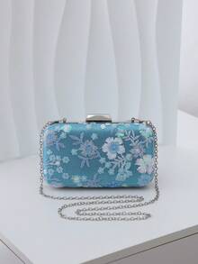Bolsos de mano y bolsos de noche para mujer, bolso de embrague de cáscara dura con bordado floral y patrón de lentejuelas, tela de satén con cierre de marco de metal, bolso elegante y compacto de estilo vintage para mujeres para bodas, fiestas y eventos formales - Azul - Ver 8