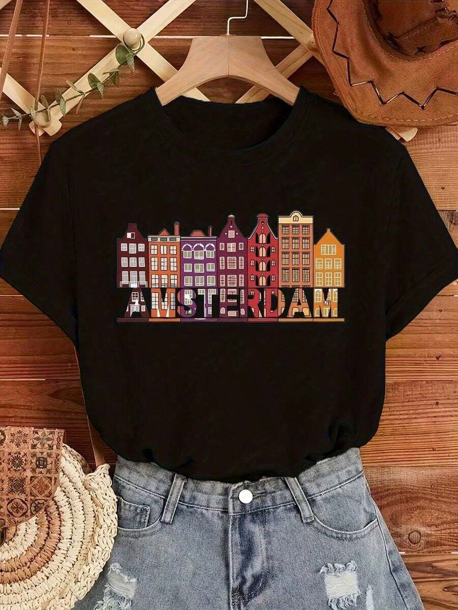 Women's Mexican T-Shirt With Amsterdam Print - Dutch Cityscape Design In Vibrant Yellow And Colorful Buildings, Casual Short Sleeve Crew Neck T-Shirt, Machine Washable, Travel Souvenir, All-Season Clothing, Lightweight Printed T-Shirt For Urban Enthusiasts. Summer Fashion Cotton T-Shirt - 黑色 - 查看 1