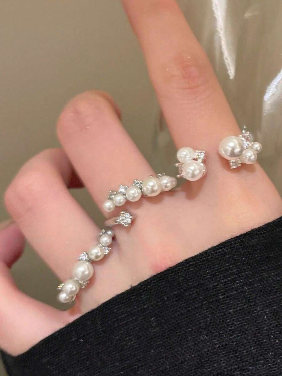 Bộ 3 chiếc nhẫn nơ tối giản đính ngọc trai giả và đá rhinestone, nhẫn xếp chồng có thể điều chỉnh kích cỡ, món quà trang sức lý tưởng để đeo hàng ngày dành tặng bạn gái, chị gái, dịp Giáng sinh, Lễ tình nhân, sinh nhật, mẹ. - trắng - Xem 1