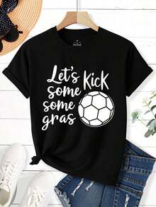 Camiseta Casual para Mujer, Camiseta de Fútbol con Estampado "Let's Kick Some Grass" - Camiseta de Fútbol de Manga Corta y Cuello Redondo, Lavable a Máquina, Ropa Casual Cómoda Adecuada para Entrenamientos, Atuendos Diarios y Eventos Deportivos - Ropa Deportiva 100% Algodón, Duradera - Negro - Ver 2