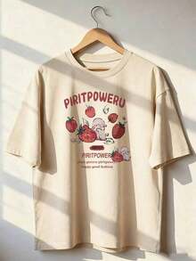 Women's Pink Cotton Casual T-Shirt With Strawberry Graphic Print, Short Sleeves, Round Neck, Regular Fit, Ideal For Everyday Wear.--Comfortable And Relaxed T-Shirt For Leisure - 卡其色 - 查看 3