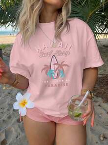Camiseta de manga corta con cuello redondo para mujer, ideal para vacaciones de verano, 100% lavable a máquina y fácil de cuidar, con estampado casual de letras y diseño tropical de tienda de surf hawaiana, nueva camiseta de verano 2026, adecuada para viajes y uso diario. - Negro - Ver 11