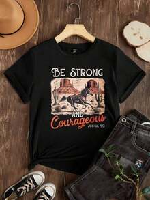 Camiseta de mujer de corte holgado, manga corta, opciones de color y blanco, escena de caballo en el desierto, camiseta gráfica con estampado Be Strong And Courageous Joshua 19, atuendo casual de verano para mujeres, camisetas de verano, camisetas gráficas, atuendos de verano para mujeres, camisetas gráficas, tops cortos para mujeres, tops para mujeres, algodón vintage, ropa linda para mujeres, atuendo de Navidad para mujeres, vestidos elegantes para mujeres, playera deportiva para mujeres, ropa deportiva, camisetas de gimnasio, blusas de Navidad para mujeresSuitable for spring, summer and autumn - Negro - Ver 2