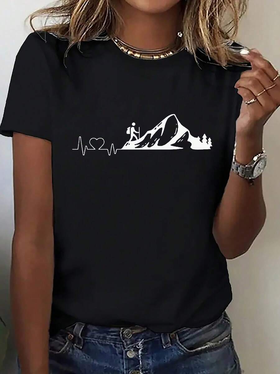 Lightweight And Breathable [Outdoor Adventure] 1-Piece Pack Short-Sleeve Cotton T-Shirt With Crew Neck Simple And Unique Style Black/White Mountain ECG Print | Outdoor Clothing, Adventure Enthusiast T-Shirts, Women's T-Shirts, Spring And Autumn Layering Sets - 黑色 - 查看 1