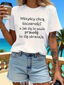 En la era del Y2K, todos desean sinceridad, pero la honestidad a menudo provoca molestias. Camiseta con estampado de letras, top casual de manga corta y cuello redondo, ropa de calle de verano con estampado gráfico para mujer. - Blanco - Ver 7