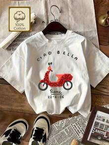 1 Women's Pure Cotton T-Shirt With Letter And Anime Print, Simple Design, Comfortable And Breathable, Suitable For Daily Casual Wear, Showing A Natural And Elegant Style, Must-Have For Summer Parties, Local Shipping, 180g 100% Cotton. - 白色 - 查看 1