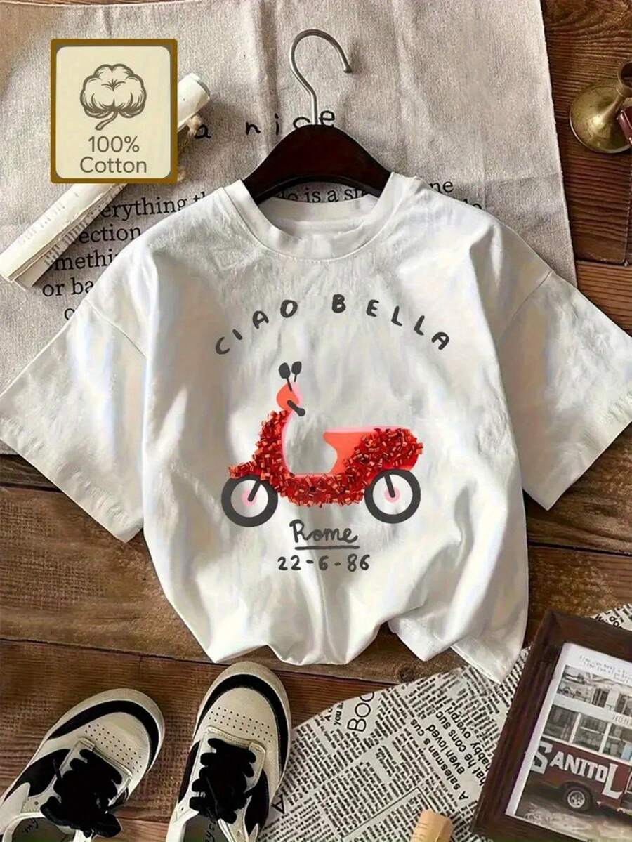 1 Women's Pure Cotton T-Shirt With Letter And Anime Print, Simple Design, Comfortable And Breathable, Suitable For Daily Casual Wear, Showing A Natural And Elegant Style, Must-Have For Summer Parties, Local Shipping, 180g 100% Cotton. - 白色 - 查看 1
