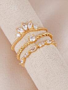 Bộ 3 chiếc nhẫn Cubic Zirconia tinh tế, thích hợp cho nữ đeo hàng ngày, hẹn hò, đám cưới, tiệc tùng, đeo nhiều chiếc cùng lúc, làm quà tặng cô dâu. - Vàng - Xem 5