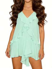 Women's Chiffon Ruffle Mini Dress V-Neck Sleeveless Flowy Swing Dress Tiered Ruffle Hem A-Line Dress For Summer - Lime Green - View 2