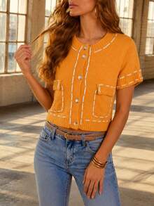 Women's Fashion Knit Cardigan, Ladies Round Neck Short Sleeve Single-Breasted Shirt, Spring/Summer/Autumn Commuting Stylish Jacket - Orange - View 1