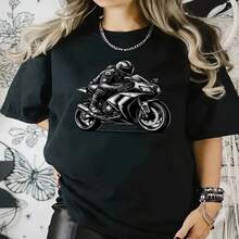Women's Black Cotton Round Neck Short Sleeve T-Shirt With Motorcycle Print Casual Style - Black - View 1