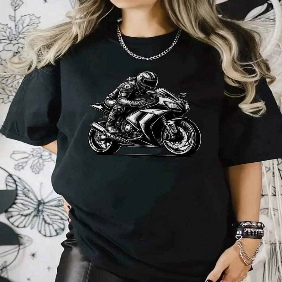 Women's Black Cotton Round Neck Short Sleeve T-Shirt With Motorcycle Print Casual Style - Black - View 1