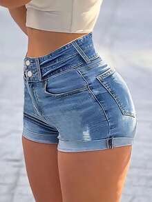 Women's High Waist Double Button Distressed Denim Shorts - Slim Fit Practical Pockets Casual Fashion Shorts - Light Wash - View 3