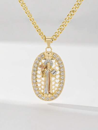 1PC Catholic Retro Saint Benedict Pendant Necklace Unisex Style 3D Hollow Carving Craft + High-Shine Zirconia Inlay 60cm Sturdy Cuban Chain Fits All Body Types Saint Theme Conveys Protection & Blessing Meanings Suitable For Catholic First Communion Ceremony & Baptism Gift Elegant For Daily Commute & Church Worship