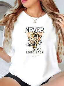 Camiseta de Mujer con la Frase "NEVER LOOK BACK", Estampado de Leopardo en Triángulo, Cara de Animal y Puntos Negros - Blanco - Ver 8