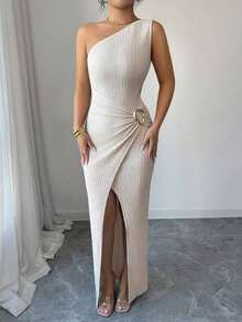 Nuevo vestido maxi de mujer de unicolor y sexy con hombro asimétrico, retorcido y fruncido, con cuello asimétrico, textura de punto y estilo ajustado, con diseño retorcido y con abertura, atuendo elegante para mujer, vestido para fiesta de primavera/verano, vacaciones, San Valentín - Albaricoque - Ver 8