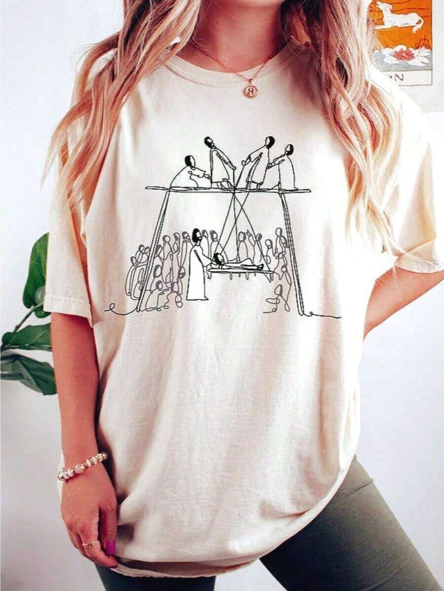Comfortable Retro Christian T-Shirt, "Jesus Heals The Paralyzed Man" T-Shirt, "I Fell Through The Roof" T-Shirt, Religious Gift For Mom, "Church Team" T-Shirt, Funny Graphic T-Shirts For Men And Women, Crew Neck, Loose Casual T-Shirts - 白色 - 查看 1