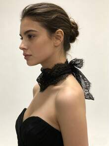 1pc Solid Color Lace Flower Eyelash Lace Ribbon Scarf - Black - View 5