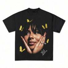 1 Piece Funny Retro 90s Rapper Cat Print T-Shirt, Round Neck, Short Sleeve, Women's Cotton, Summer, 180g, 100% Cotton. - 黑色 14 - 查看 11