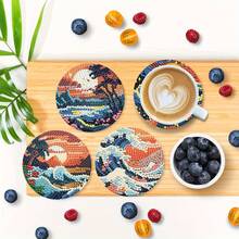 8件套DIY钻石画杯垫套装 - 海浪图案,圆形闪亮钻石,强力背胶,工具齐全,适合初学者,减压手工,新年、情人节、圣诞节、教师节礼物,家居装饰杯垫,送给家人、朋友、女朋友、老师 - 彩色 - 查看 5