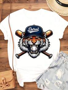 Detroit Tigers Women's Cotton T-Shirts, With Baseball Tiger Head And Crossed Bats, Men's And Women's T-Shirt, Sports Fan Clothing, Gift For Baseball Lovers, Summer Casual Wear, Women's Basic Blouses. - 白色 - 查看 3