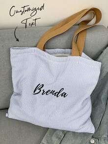 Customizable Name Striped Tote Bag, Showcases Unique Style, Personalized Letter Striped Shoulder Bag, Solid Color Zipper Canvas Bag, Large Capacity Casual Bag, Multi-Color Shoulder Strap, Suitable For Travel, Students, Vacation, Outings, Mother's Day Gift, Etc. - Multicolor - View 5