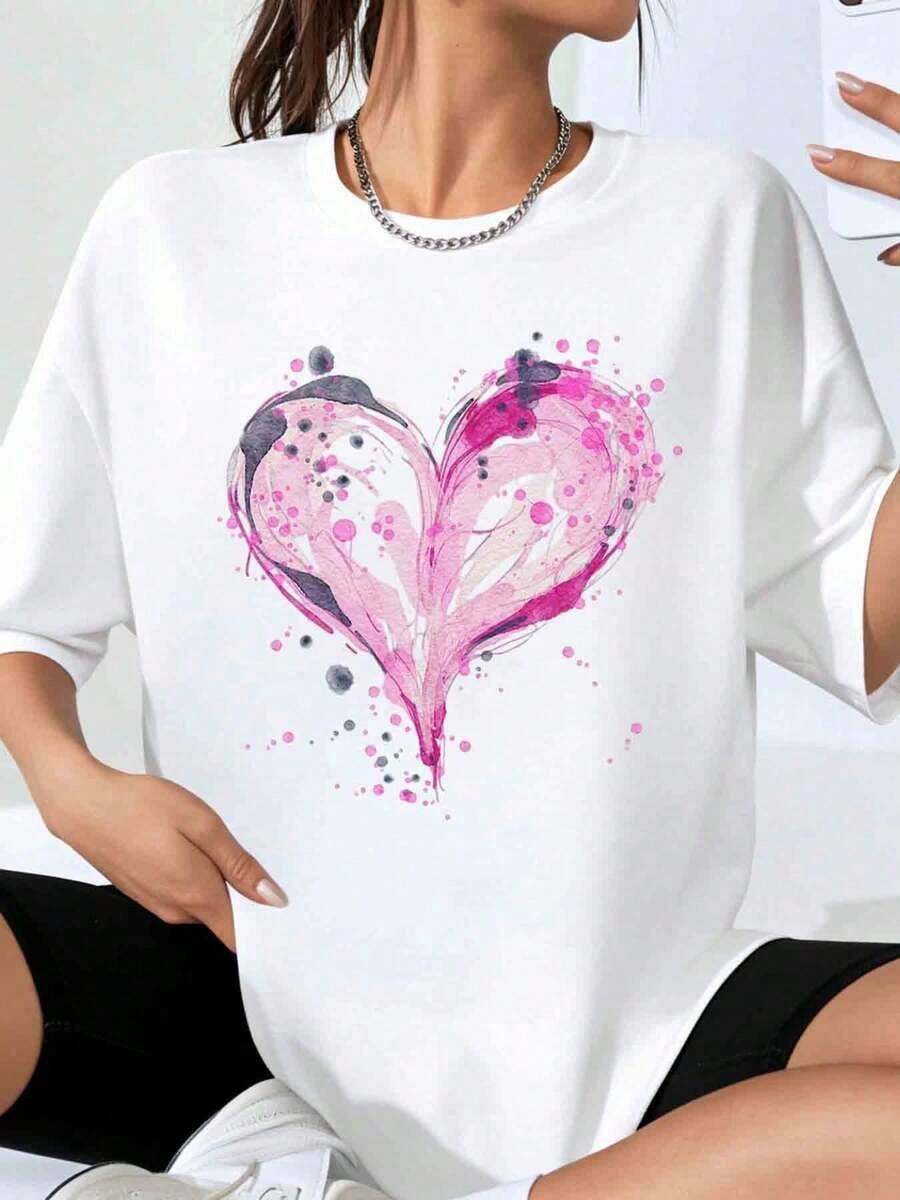 Women's Oversized Heart Print T-Shirt, Casual Loose Fit, White With Pink Watercolor Design For Valentine's Day And Everyday Wear - 白色 - 查看 1