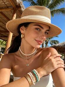 1pc Breathable Woven Soft Felt Hat, Wide Brim UV Protection Panama Straw Hat With White Ribbon, Unisex Summer Beach Travel Casual Trilby Hat, Fashionable Spring/Summer Outdoor Fedora - Multicolor - View 2