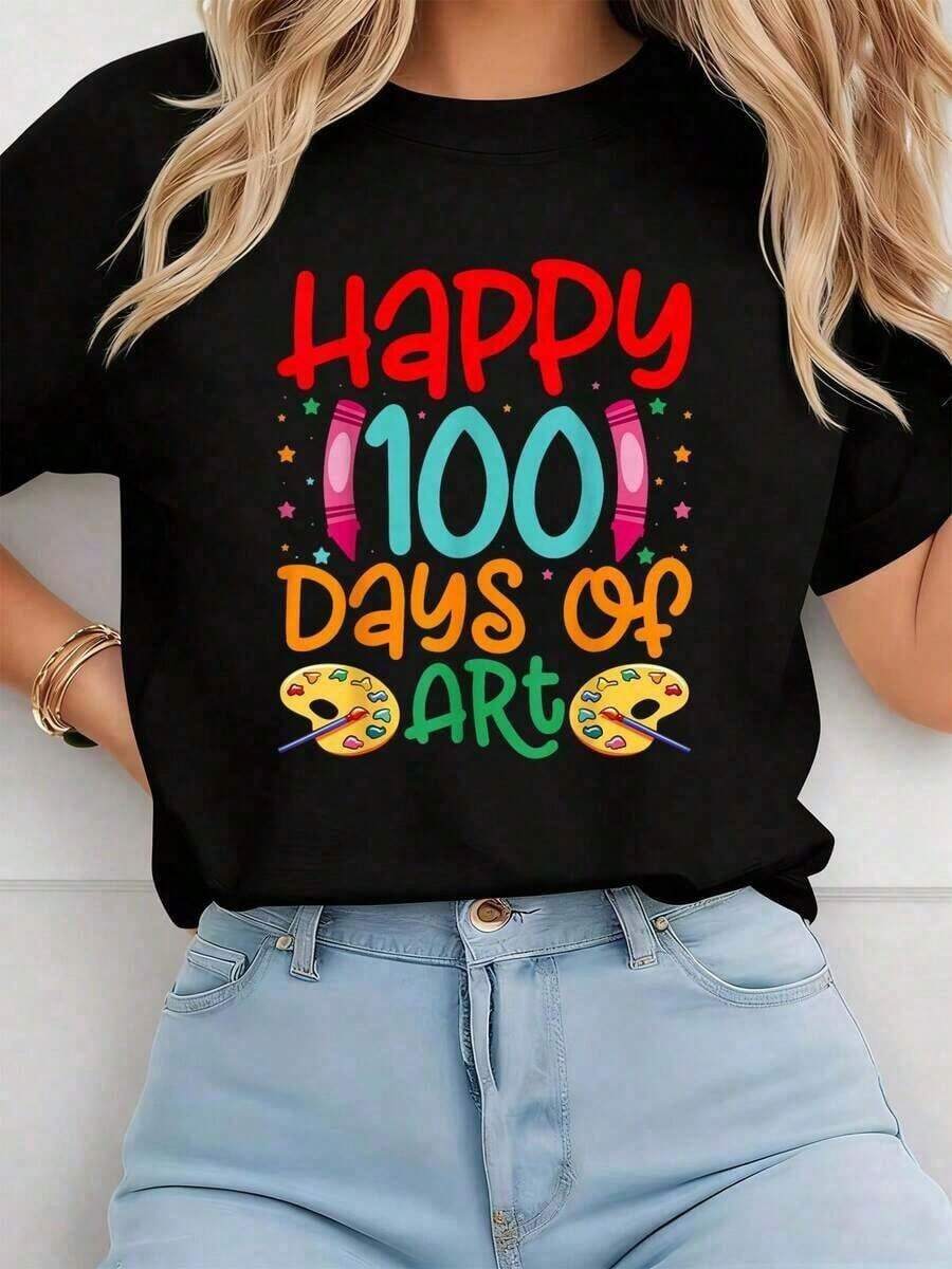 Soft, Breathable, And Lightweight For All-Day Comfort. "Happy Days Of Art School Teachers" Cotton Print T-Shirt, Perfect For Gifts For Girls And Boys. This Women's Short-Sleeve Crew Neck T-Shirt Is A Casual Summer Graphic Tee. The Classic, Relaxed Fit Flatters All Body Types And Pairs Easily With Jeans, Shorts, And Leggings. - 白色 - 查看 1