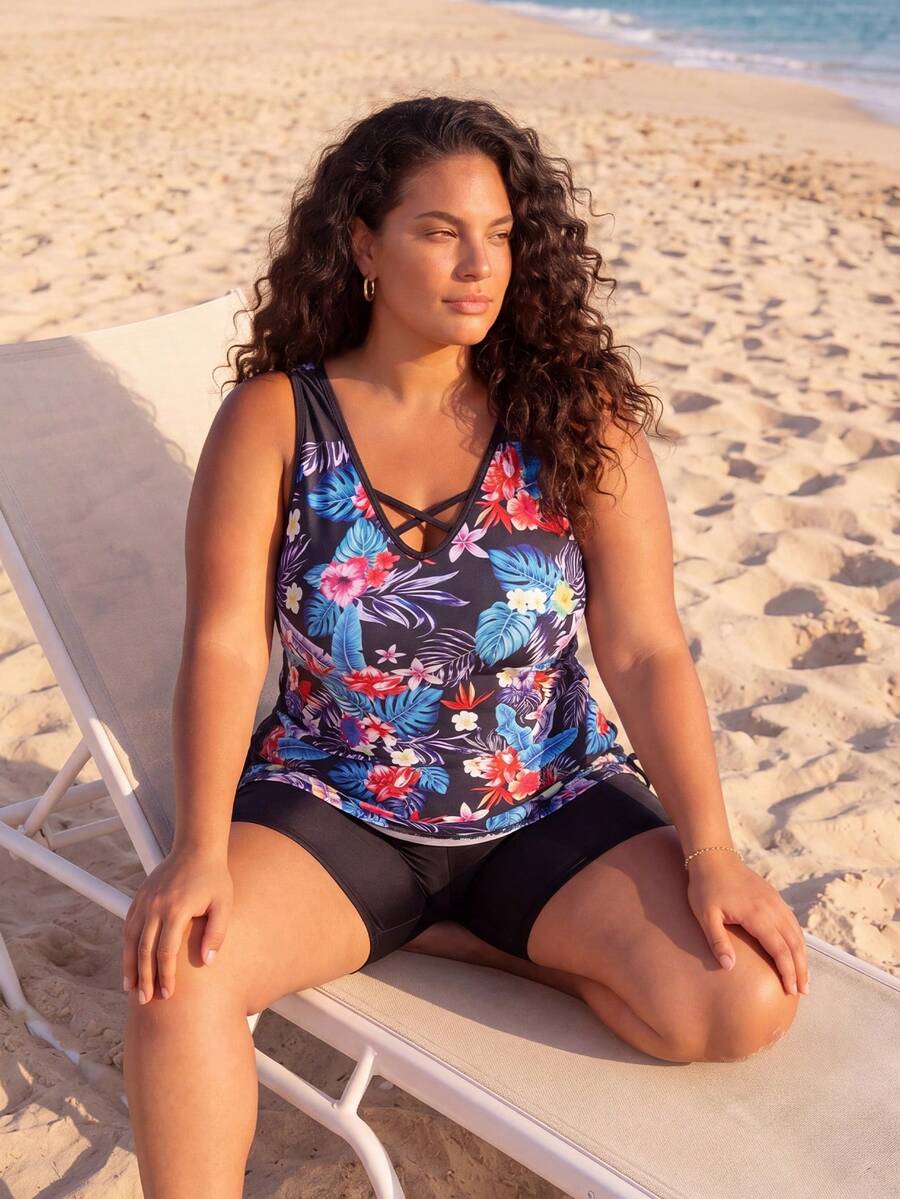 Women's Tropical Floral Print Tankini Swimwear Set, Plus Size V-Neck Swimwear With Shorts, Suitable For Beach Vacation Black - Black - View 1