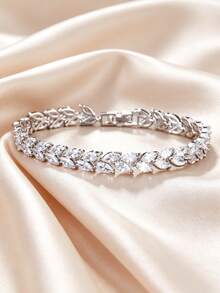 1 chiếc vòng tay hình lá đính đá Cubic Zirconia sang trọng, phù hợp cho nữ giới đeo hàng ngày và dự tiệc. - Bạc - Xem 4