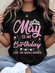 Mexican Women's Crew Neck T-Shirt With Graphic Print 'May Is My Birthday, Yes, All Month Long', Short Sleeve For Casual Wear, Party, Celebration, Birthday Gift, Summer Fashion Cotton T-Shirt - 黑色 - 查看 6