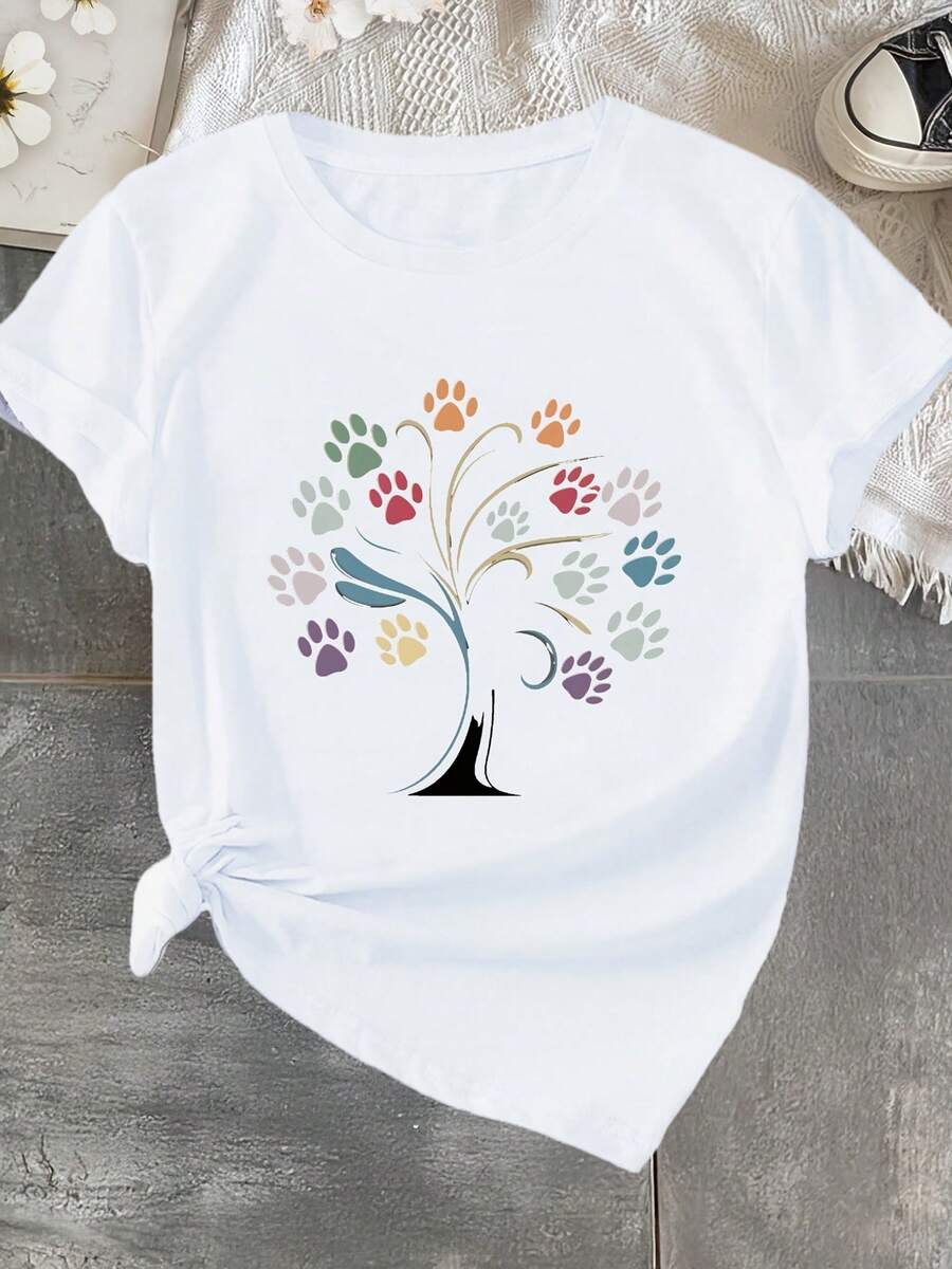 Women's Casual Top. Plus Size Women's Short-Sleeved Athletic T-Shirt With A Paw Print And Tree Print. A Must-Have For Everyday Casual Wear. - 白色 - 查看 1