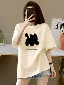 Women's Cotton T-Shirts With Round Neck, Casual Streetwear Style, Y2k Aesthetic Design, Short Sleeve Cat Print T-Shirt For Women, Loose Casual Summer Top, Simple Shirt For Everyday Wear. - 杏色 - 查看 1