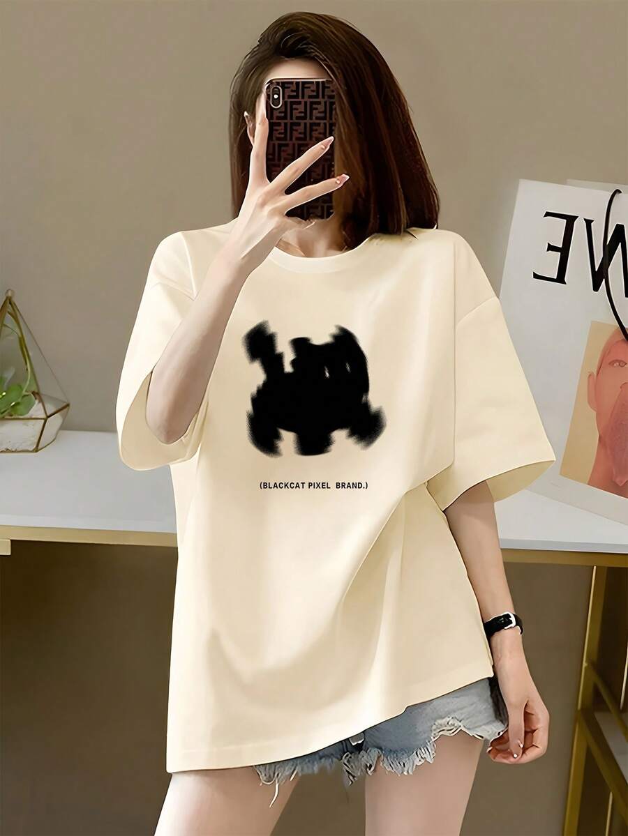 Women's Cotton T-Shirts With Round Neck, Casual Streetwear Style, Y2k Aesthetic Design, Short Sleeve Cat Print T-Shirt For Women, Loose Casual Summer Top, Simple Shirt For Everyday Wear. - 杏色 - 查看 1