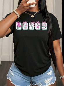 Women's Mahjong Tile Design T-Shirt, Casual Summer Top, Fashionable Japanese Inspired Graphic Tee For Anime Fans And Mahjong Lovers, Perfect For Parties And Everyday Wear, 220g - Urban Vintage Style, Unisex Short Sleeve Crew Neck T-Shirt, 100% Pure Cotton. - 黑色 - 查看 3