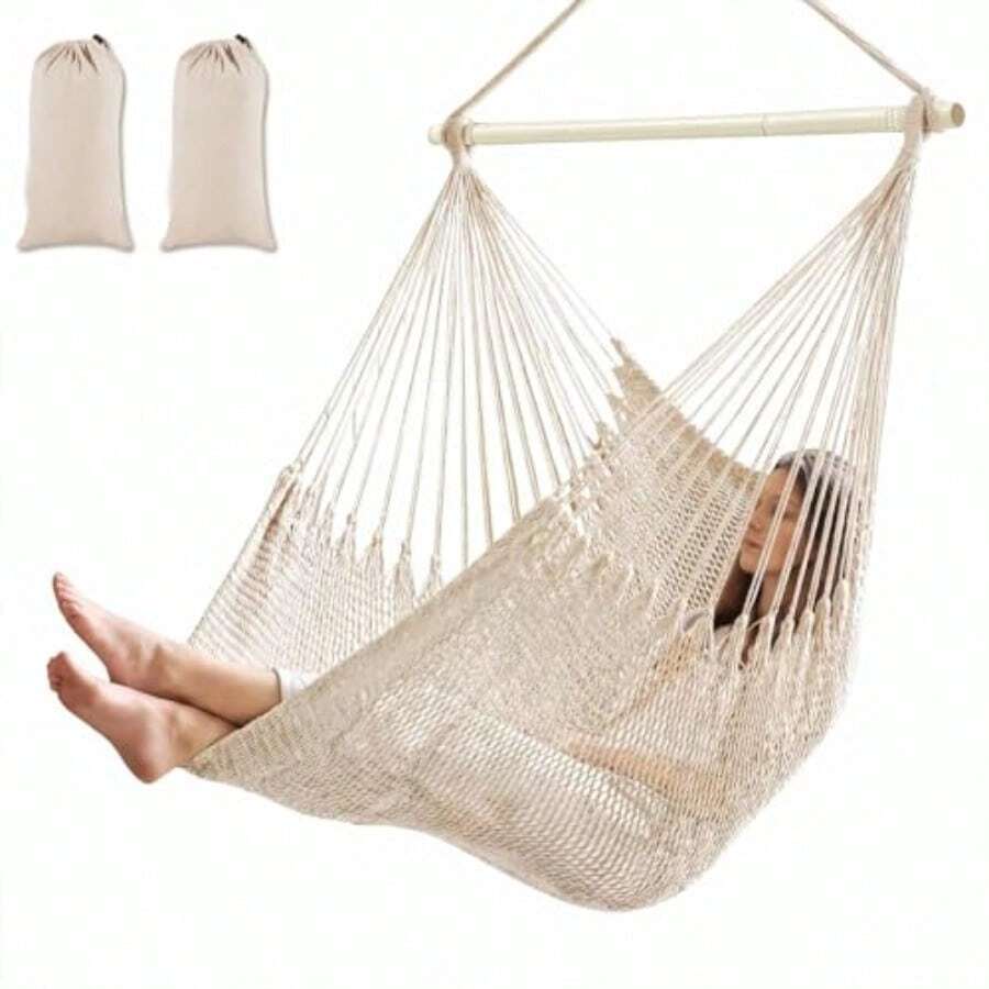 Barydat - 2 sillas de hamaca colgante estilo bohemio, para interiores y exteriores, con barras de metal desmontables de 40 pulgadas, para patio, sala de estar, recámara, jardín - Beis - Ver 1