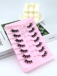 7 Pairs Natural Crossing Cat Eye Lashes, 3D Fluffy Curly Elongated Invisible Transparent Stem, Comfortable & Lightweight For Beginners, 10/16MM - Black - View 9
