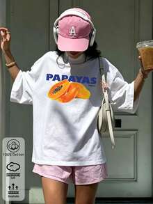 Women's Oversized White Cotton Papaya Print T-Shirt: Casual Streetwear, Loose Fit For Everyday Wear, Perfect For Summer With Soft And Breathable Fabric, Versatile Design For Laye - Banc - View 3