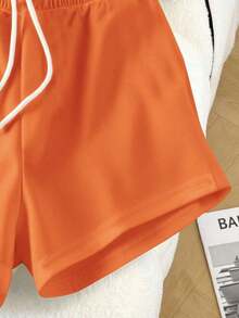 Conjunto casual diario de top de manga corta de cuello redondo de unicolor y shorts con cordón en la cintura para mujer - Naranja - Ver 4