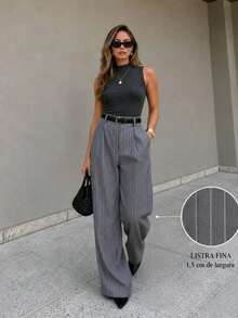 Striped Tailored Wide Leg Pants - Gris Claro - Ver 2