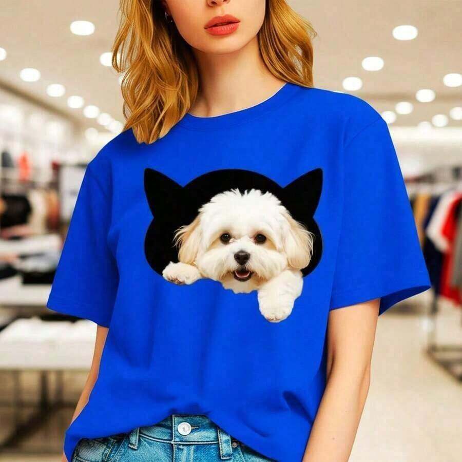 GiftCamia Women's Pure Cotton Cat And Puppy Ear Print Casual Short Sleeve Loose Fit Crew Neck Graphic Top, Available In Sizes, Cute Animal Design, Soft And Breathable Fabric, Fashionable For Everyday Wear, 100% Cotton. Soft - 藍色的 - 查看 1
