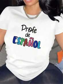 100% Cotton, 1 Piece [Spanish Teacher T-Shirt] - Spanish Teacher T-Shirt - Durable, Lightweight, Comfortable Fit, Vibrant Design - Ideal For Events And Everyday Wear - Stylish And Practical Garment - 100% Cotton Women's Simple Solid Color T-Shirt, Loose And Slim Fit Casual Short Sleeve - 白色的 - 查看 11
