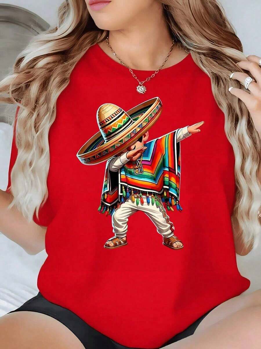 100% Cotton. Figure Of A Man With A Traditional Mexican Hat And Multicolored Poncho Making A Funny Gesture. Women's T-Shirt, 100% Cotton, 220g. Women's Simple Solid Color T-Shirt, Loose And Slim Fit Casual Short Sleeve - 紅色的 - 查看 1