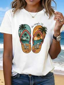 Beach Vacation Set: Flip-Flops With Coconut Tree And Beach Chair Illustrations, Simple Lifestyle Print, Plus Size Women's Casual Round Neck Fashion T-Shirt, Ideal For Daily Wear, Shopping, Parties, Commuting, Versatile And Stylish For Women. - 白色 - 查看 1