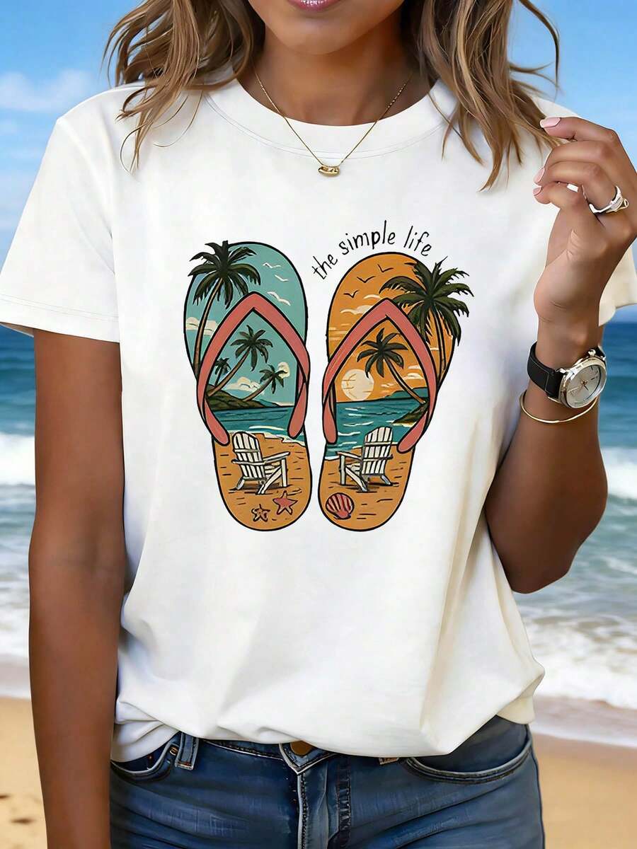 Beach Vacation Set: Flip-Flops With Coconut Tree And Beach Chair Illustrations, Simple Lifestyle Print, Plus Size Women's Casual Round Neck Fashion T-Shirt, Ideal For Daily Wear, Shopping, Parties, Commuting, Versatile And Stylish For Women. - 白色 - 查看 1